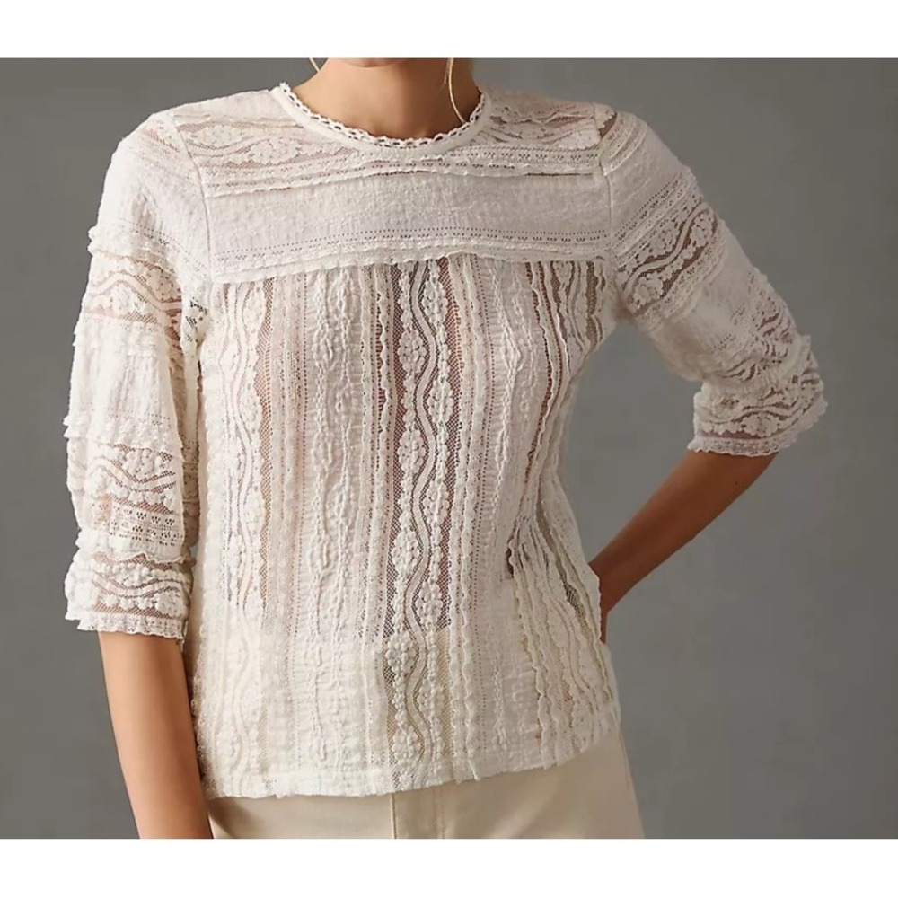 Anthropologie Lace Ruffle Embroidered  Top XS Elevated Boho Feminine Romantic